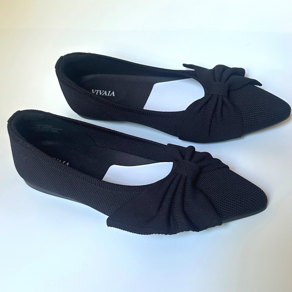 NEW VIVAIA Azura Pointed Toe Bow Flats Black Knit size 7